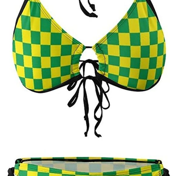 SKT T1 Checkered Bikini Sets for Women Halter Bra Top and High Cut Bikini - Picture 5 of 7